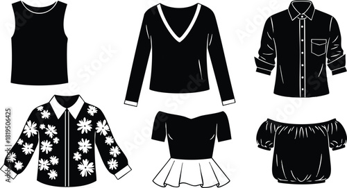 Collection of black and white casual and formal womens tops vector fashion illustration 