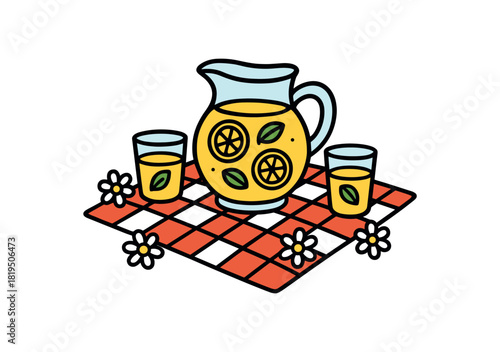 Cute doodle summer holidays collection flat vector illustration bold handdrawn outlines bright solid fills isolated on white clean white space sticker style minimal detail lemonade picnic