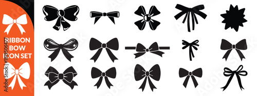Ribbon bow icon set, vector coquettish cute knot, romantic love doodle vintage accessory collection. Holiday gift decoration silhouette, birthday elegant design element. Feminine Valentine ribbon bow 