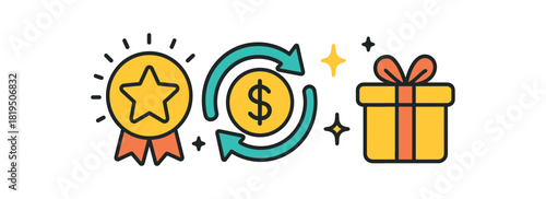 Finance fintech flat vector illustration collection of cute finance icons cashback reward: badge coin arrow loop spark dots gift icon arranged horizontal composition handdrawn outlines
