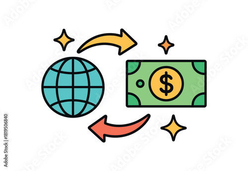 Finance fintech flat vector illustration collection of cute finance icons currency exchange: globe arrows swap banknote icon stars arranged horizontal composition handdrawn outlines bright