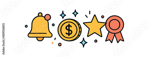 Finance fintech flat vector illustration collection of cute finance icons notification: bell coin spark confetti dots badge arranged horizontal composition handdrawn outlines bright color