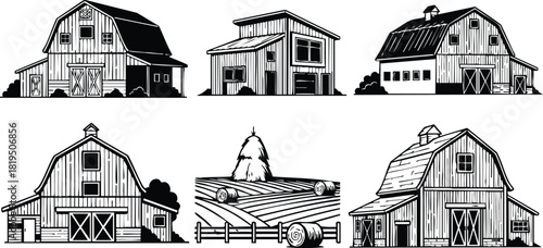 Barn buildings with different architectural styles in black and white vector illustration set 