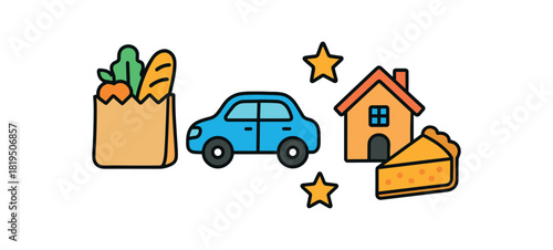 Finance fintech flat vector illustration collection of cute finance icons spending categories: grocery bag icon home icon pie slice stars arranged horizontal composition handdrawn outlines