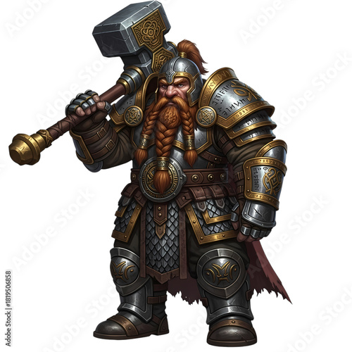 Fierce dwarf warrior with braided beard holds a large hammer in full armor on transparent background