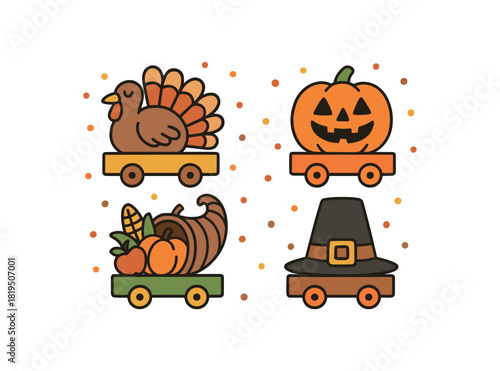 Cute doodle autumn holidays collection flat vector illustration bold handdrawn outlines bright solid fills isolated on white clean white space sticker style minimal detail autumn parade