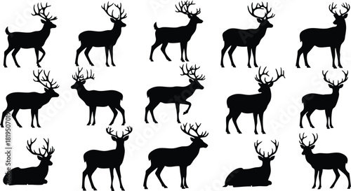 Silhouettes of Deer with Antlers in Various Poses Vector Illustration for Wildlife and Nature Themes 