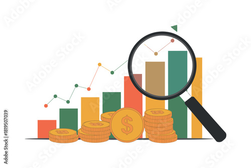 Magnifying glass examines rising stacks of coins and a financial growth chart.