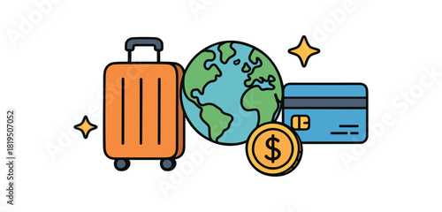 Finance fintech flat vector illustration collection of cute finance icons travel money: suitcase globe card coin stars arranged horizontal composition handdrawn outlines bright color