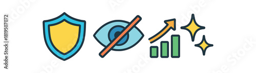 Finance fintech flat vector illustration collection of cute finance icons finance privacy: shield eye with slash graph icon sparkles arranged horizontal composition handdrawn outlines