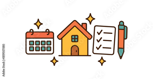 Home family planning flat vector illustration collection of cute home icons calendar todo list pen sparkles arranged horizontal composition handdrawn outlines bright color palette minimal
