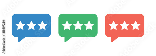 Three star ratings displayed in speech bubbles of blue, green, and red colors