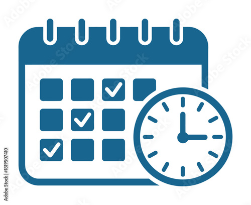 A calendar with checkmarks and a clock indicating a scheduled event.