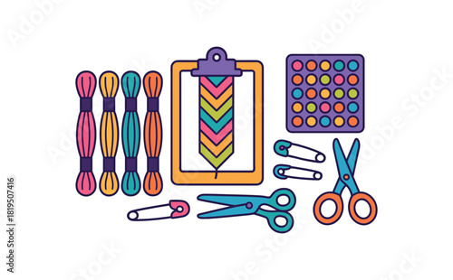 Flat vector friendship bracelet kit: embroidery floss clipboard beads safety pins scissors bright vibrant palette clean outlines minimal centered isolated on white no logos