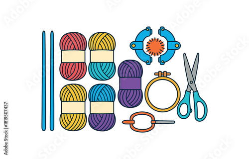 Flat vector yarn craft set: yarn skeins plastic needles pom pom maker hoop ring scissors bright vibrant palette clean outlines minimal centered isolated on white no logos