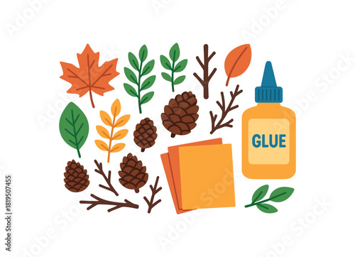 Flat vector nature art kit: leaves twigs pinecones glue heavy paper bright vibrant palette clean outlines minimal centered isolated on white no logos