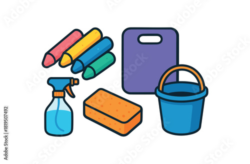 Flat vector chalk art time: chunky chalks kneeling pad water spray sponge eraser bucket bright vibrant palette clean outlines minimal centered isolated on white no logos