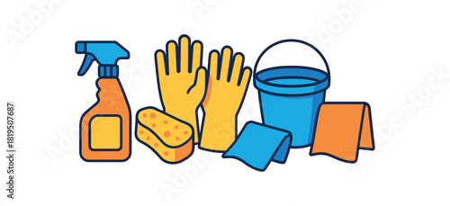 Flat vector cleaning basics: spray bottle sponge gloves bucket cloth bright vibrant palette clean outlines minimal centered isolated on white no logos