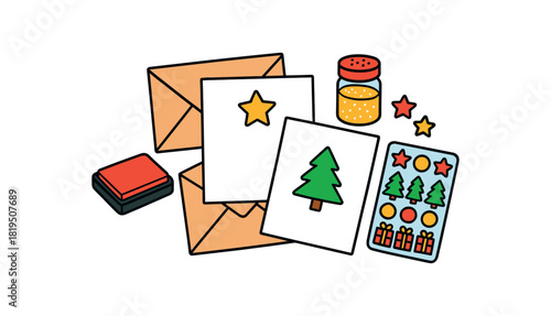 Flat vector holiday card craft: blank cards envelopes stamp pad glitter stickers bright vibrant palette clean outlines minimal centered isolated on white no logos