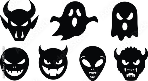 Set of seven spooky Halloween monster and alien silhouette icons in black vector illustration 