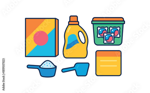 Flat vector detergent options: powder box liquid bottle pods container scoop label card bright vibrant palette clean outlines minimal centered isolated on white no logos