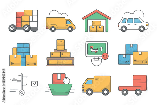 A collection of icons representing shipping, logistics, and delivery services.