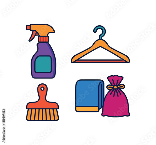 Flat vector wardrobe refresh: fabric spray hanger brush towel sachet bag bright vibrant palette clean outlines minimal centered isolated on white no logos