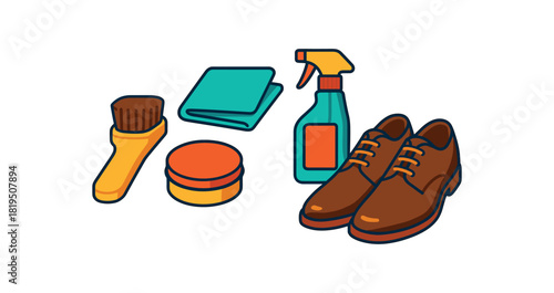 Flat vector shoe care set: brush polish tin cloth spray shoes bright vibrant palette clean outlines minimal centered isolated on white no logos