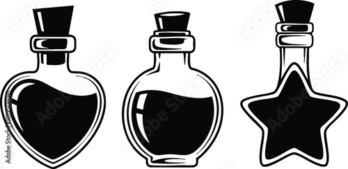 Heart shaped bottle with stopper and star shaped bottle simple black and white vector illustration 