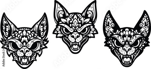 Three black and white ornate wolf head designs with intricate tribal patterns vector illustration 