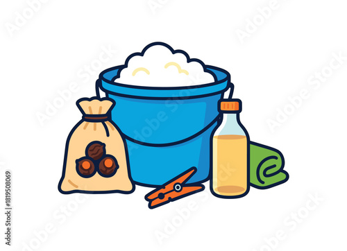 Flat vector eco laundry setup: soap nuts bag vinegar bottle bucket towel clip bright vibrant palette clean outlines minimal centered isolated on white no logos