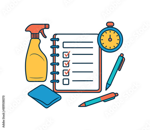 Flat vector cleaning day planner: notebook pen spray bottle cloth timer bright vibrant palette clean outlines minimal centered isolated on white no logos