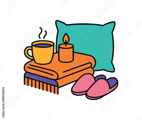Flat vector after clean rest: cup candle folded blanket slippers pillow bright vibrant palette clean outlines minimal centered isolated on white no logos