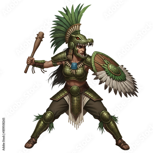 Fierce aztec warrior woman in full armor wielding a club and shield ready to fight on transparent background
