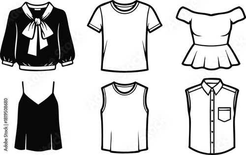 Set of black and white women and men clothing icons with shirts and blouses vector illustration 