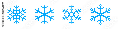 Set of four blue geometric snowflake icons created with a dotted pixel style, perfect for winter themes, technology, and digital holiday decorations.