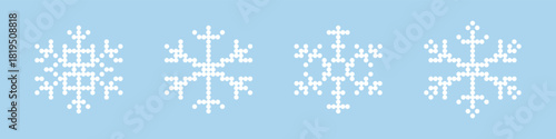 Set of four blue geometric snowflake icons created with a dotted pixel style, perfect for winter themes, technology, and digital holiday decorations.