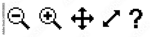 Set of pixel art user interface icons featuring zoom in, zoom out, move arrows, resize, and question mark symbols in a retro 8-bit style.