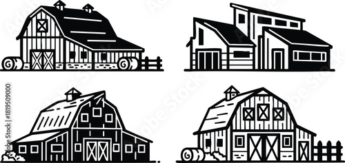 Barn Buildings Set with Farmhouse and Hay Bale Rustic Agricultural Structures Vector Illustration 