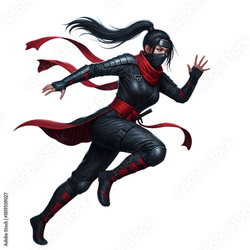 Agile ninja warrior in black suit sprints with red scarf on transparent background