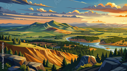 Very beautiful overlooking view of Prineville from Ochoco Wayside State Park in Central Oregon, featuring rolling hills, scattered forests, and the town nestled in a scenic high-desert landscape under