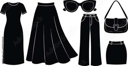 Black womens clothing set with dress skirt jeans sunglasses and handbag vector illustration 