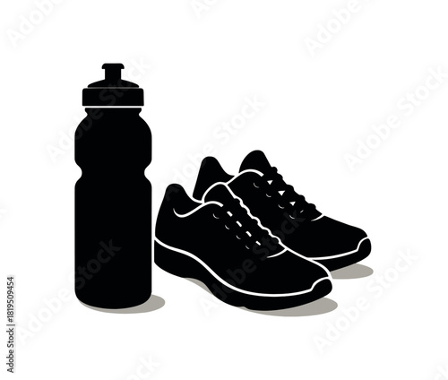 Water bottle next to sneakers black silhouette with cap and sole lines physical education moment
