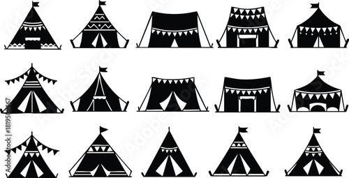 Collection of black silhouette tents with flags and bunting decorations in various shapes and sizes vector illustration 