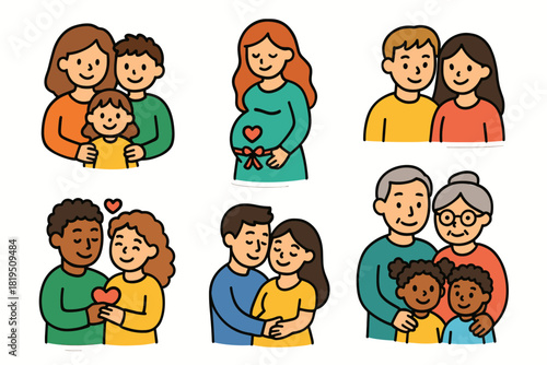 Cute doodle family couples collection flat vector illustration bold handdrawn outlines bright solid fills isolated on white clean white space sticker style minimal detail pregnant belly