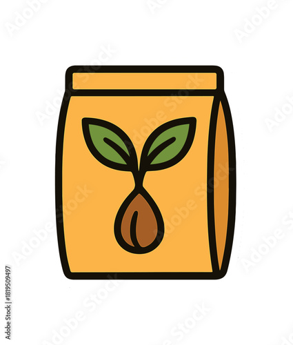 Single seed packet with sprouting leaves illustration flat vector style bold outline sticker look bright warm palette isolated on transparent background centered no face