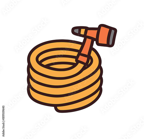 Single garden hose rolled with nozzle flat vector style bold outline sticker look bright warm palette isolated on transparent background centered no face