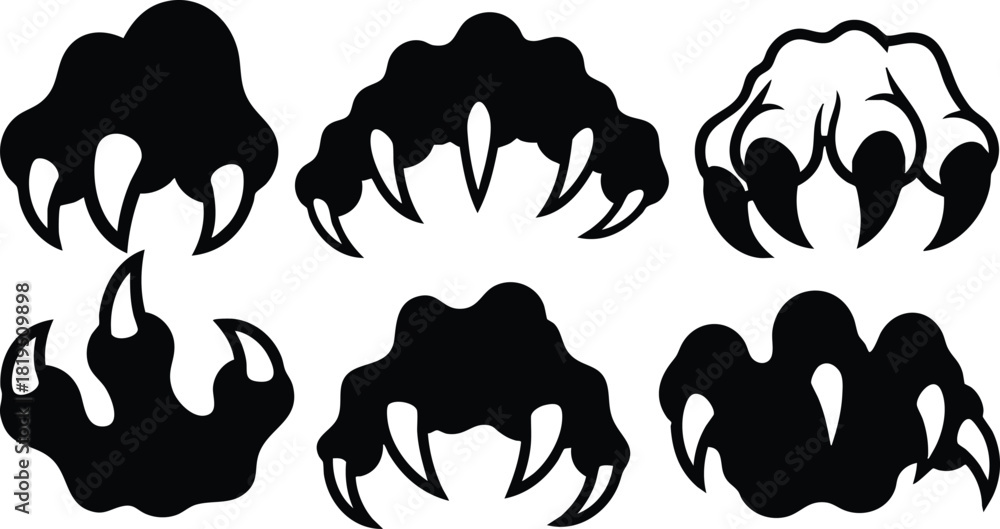 Fototapeta premium Animal Claw Prints Vector Set with Sharp Talons in Black Silhouette for Design and Illustration Purposes 
