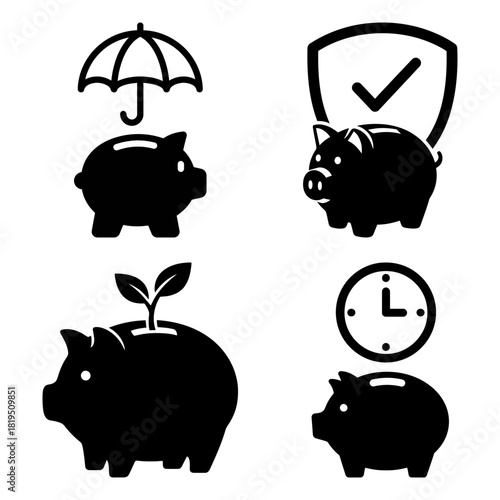 Savings Finance Piggy bank Icons of buildings flat design style