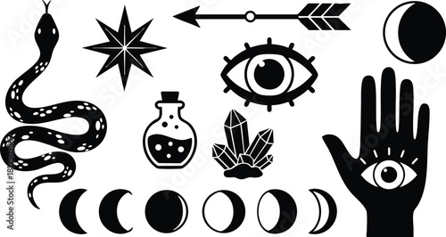 Mystic symbols including snake, eye, crescent moon phases, hand with eye, star, arrow, potion bottle, and crystals vector illustration for spiritual design 